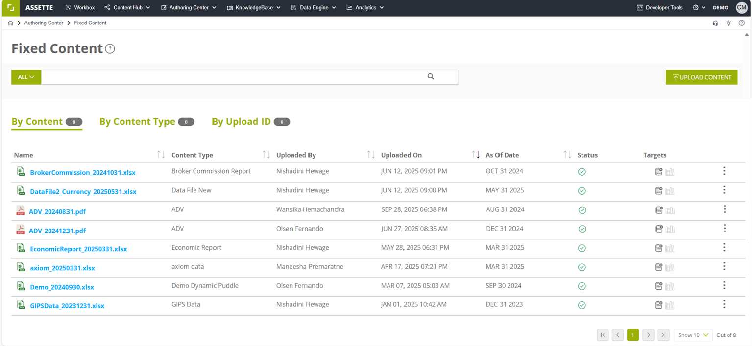 Uploading Fixed Content Assette Support
